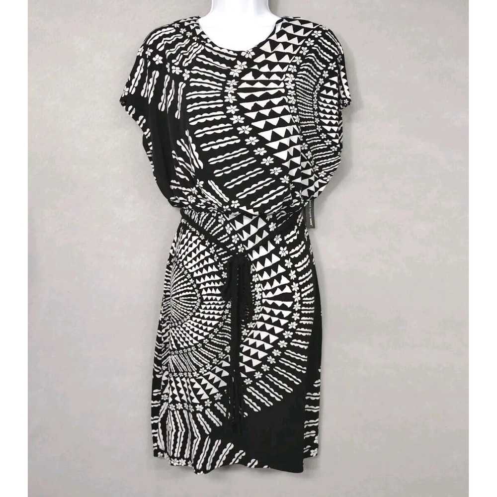 NWT Saint Tropez West Dress Women’s 12 Sheath Floral Geometric Tie Black & White